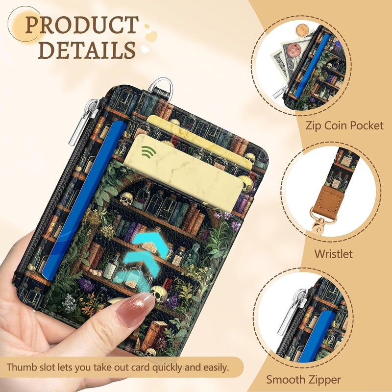 Kelvoris Goth Bookshelf Slim Wallet Women Credit Card Holder, Skull Gothic Witchy Small RFID Blocking Wallet Woman Wristlet Keychain Zipper Coin Pocket, Front Pocket Thin Travel Card Case Ladies Gifts - Image 5